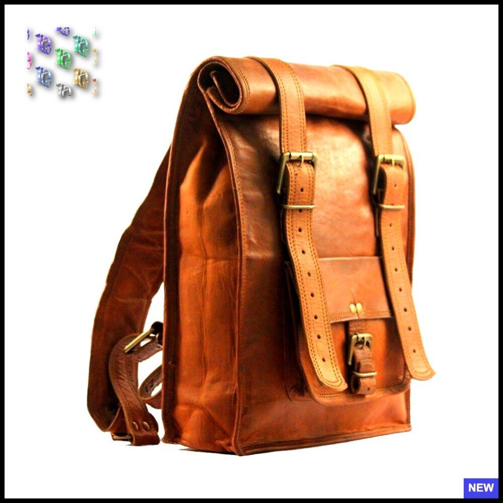 Vintage Leather Roll Top Laptop Backpack Unisex College Business Travel Rucksack